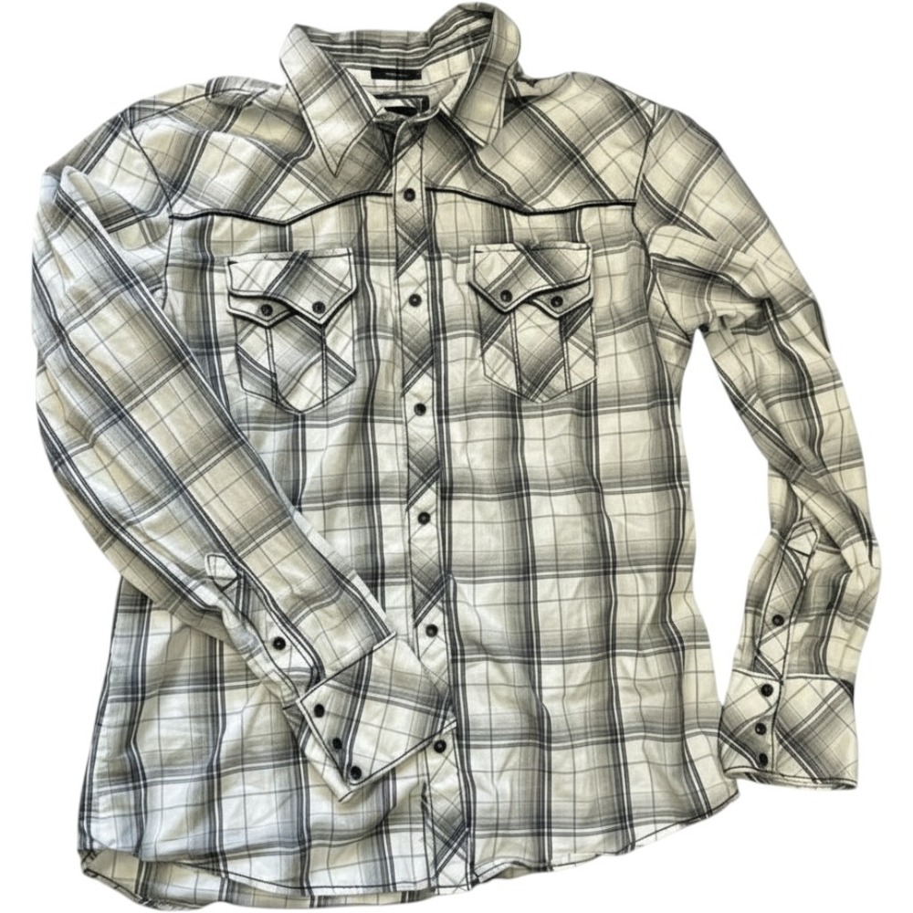 Express Mens Western‎ Pearl Snap Shirt Plaid Slim Fit Grey White Large